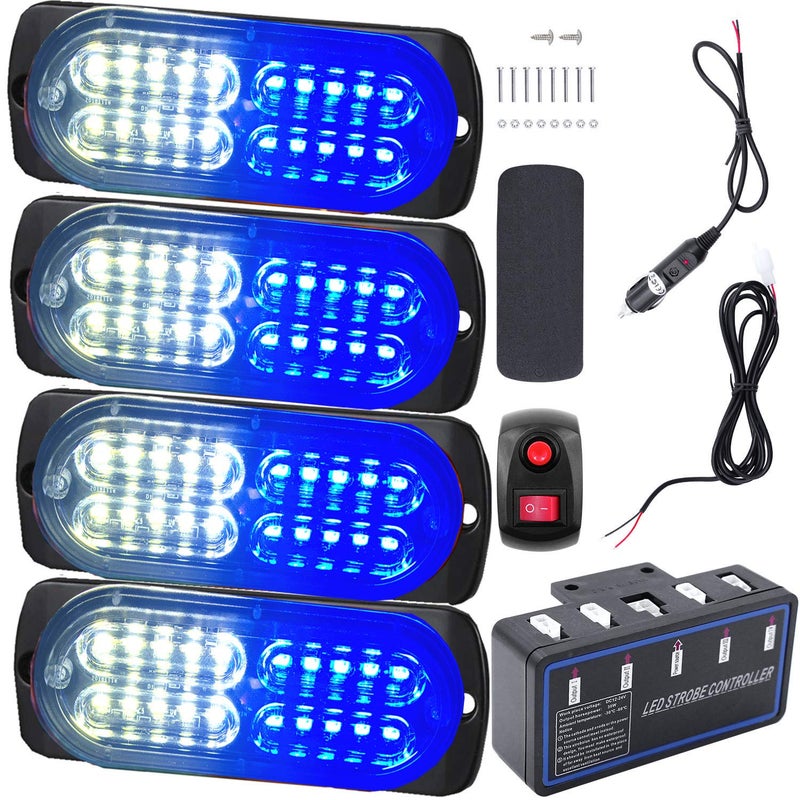 EASE2U E Led Warning Lights, 4pcs Emergency Warning Caution Hazard Construction Ultra Slim Sync Feature Car Truck with Main Control Box Surface Mount (White Blue) - Image 1